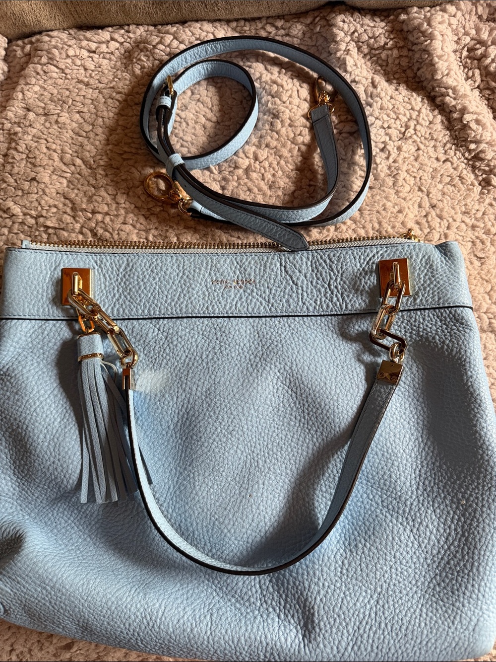 Henri Bendel Sky Blue Leather Shoulder Tote with Tassel and Gold Hardware